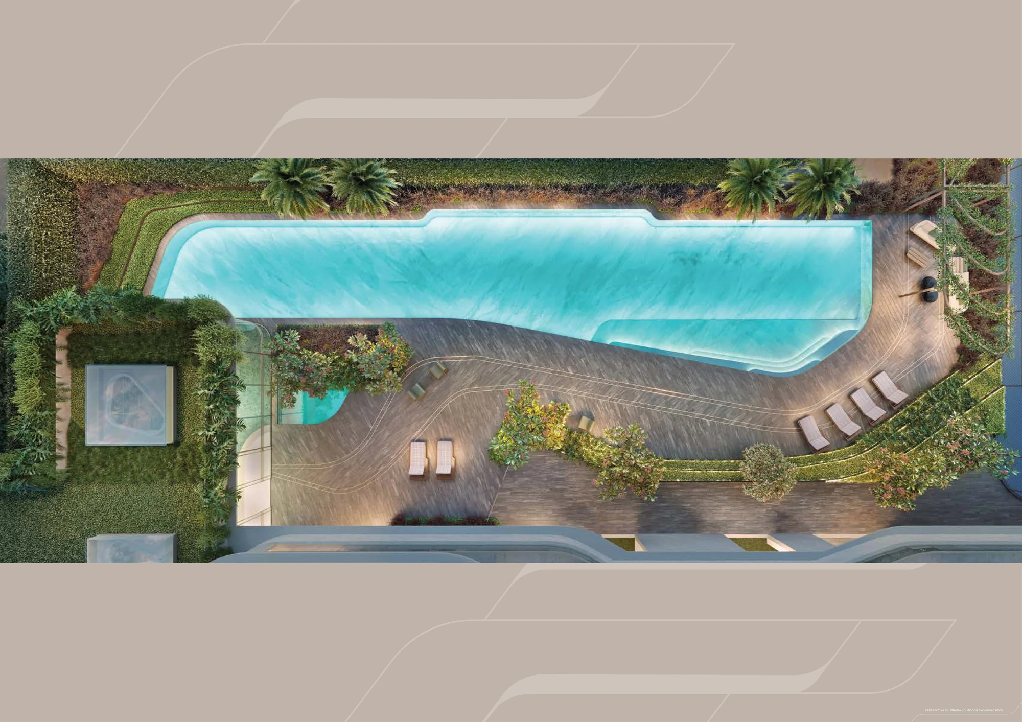 Outdoor Swimming Pool - Perspectiva aérea do solarium e paisagismo (Página 39 do Book)